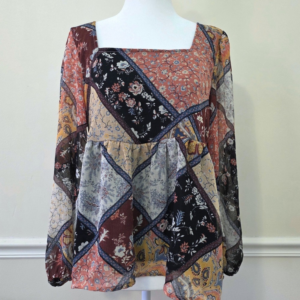 American Eagle Sheer Puff Sleeve Scarf Open Back Babydoll Top Sz M Boho Cottage